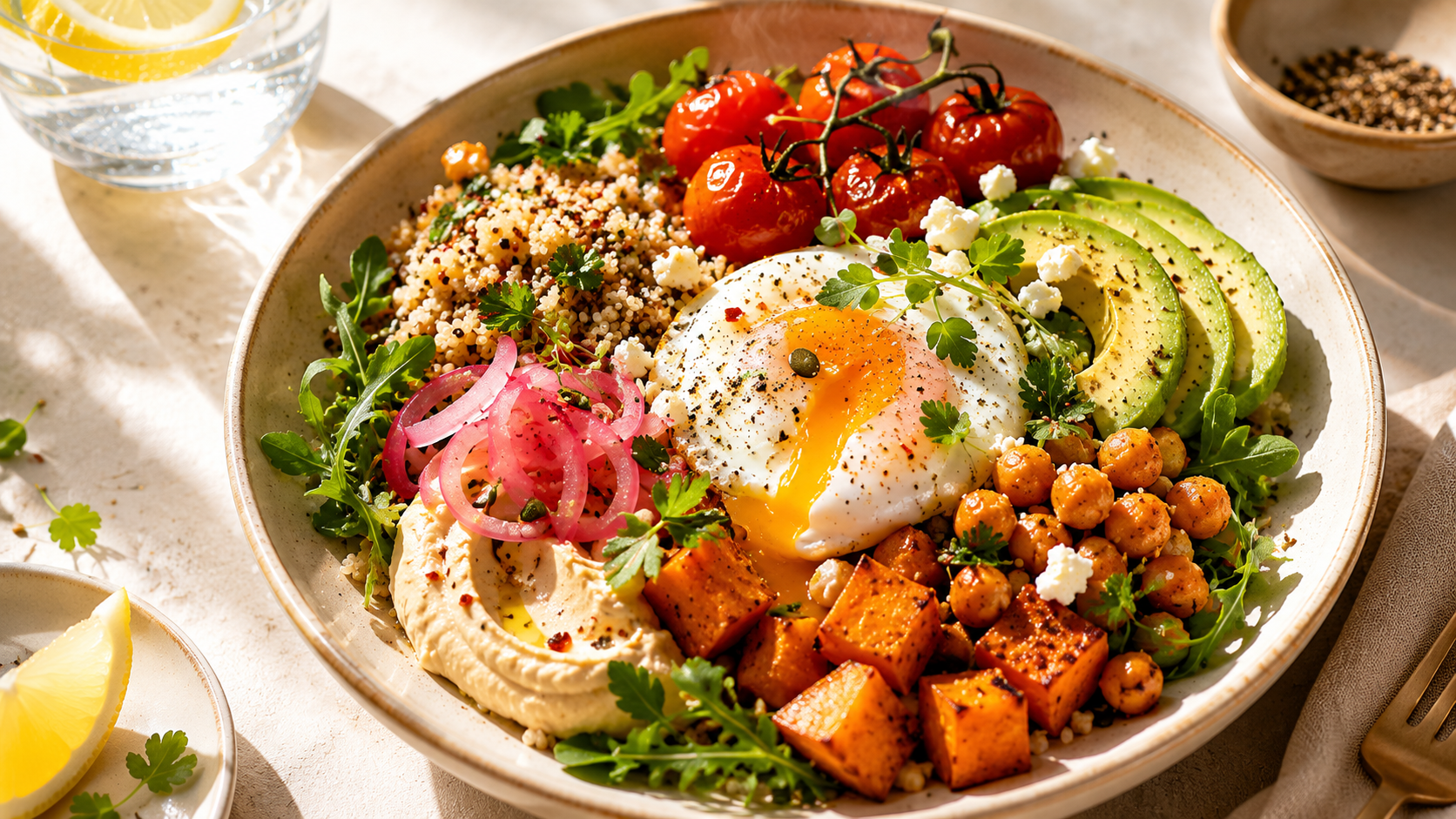 A close-up of a fresh, colourful grain bowl with avocado, roasted vegetables, chickpeas and a soft egg.