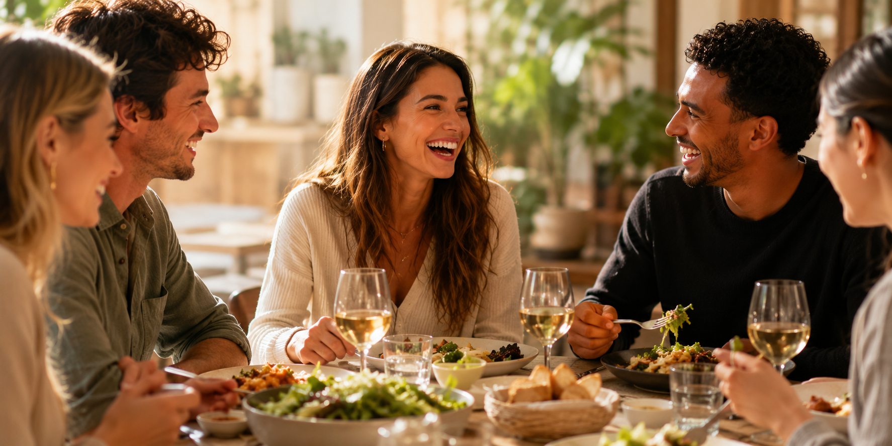 Relaxed friends laughing together over food and wine at a sunlit table.