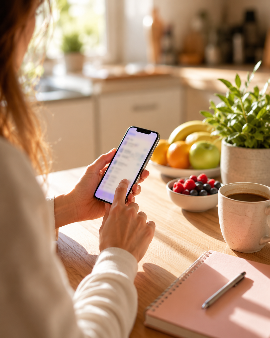 A person setting up their Suppr profile on their phone at a sunny kitchen table.