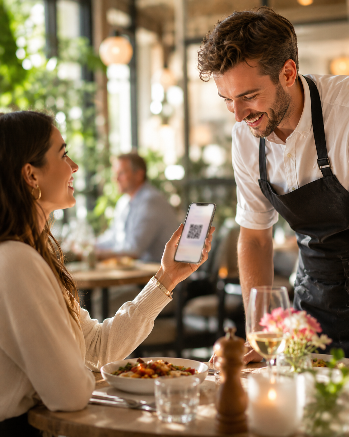 A diner showing her phone QR pass to a friendly waiter at a restaurant table.