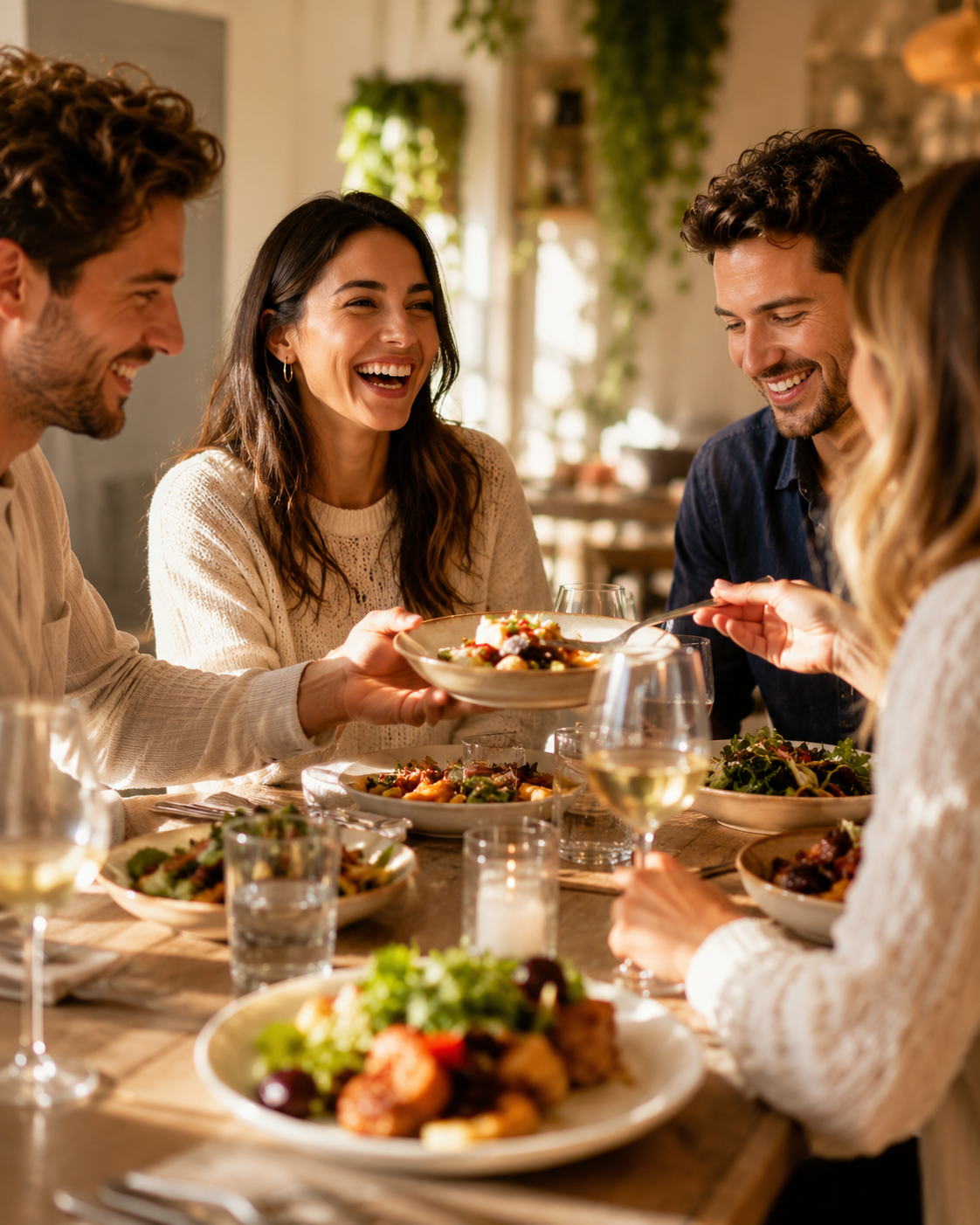 Friends laughing and sharing a relaxed meal together at a warmly lit table.